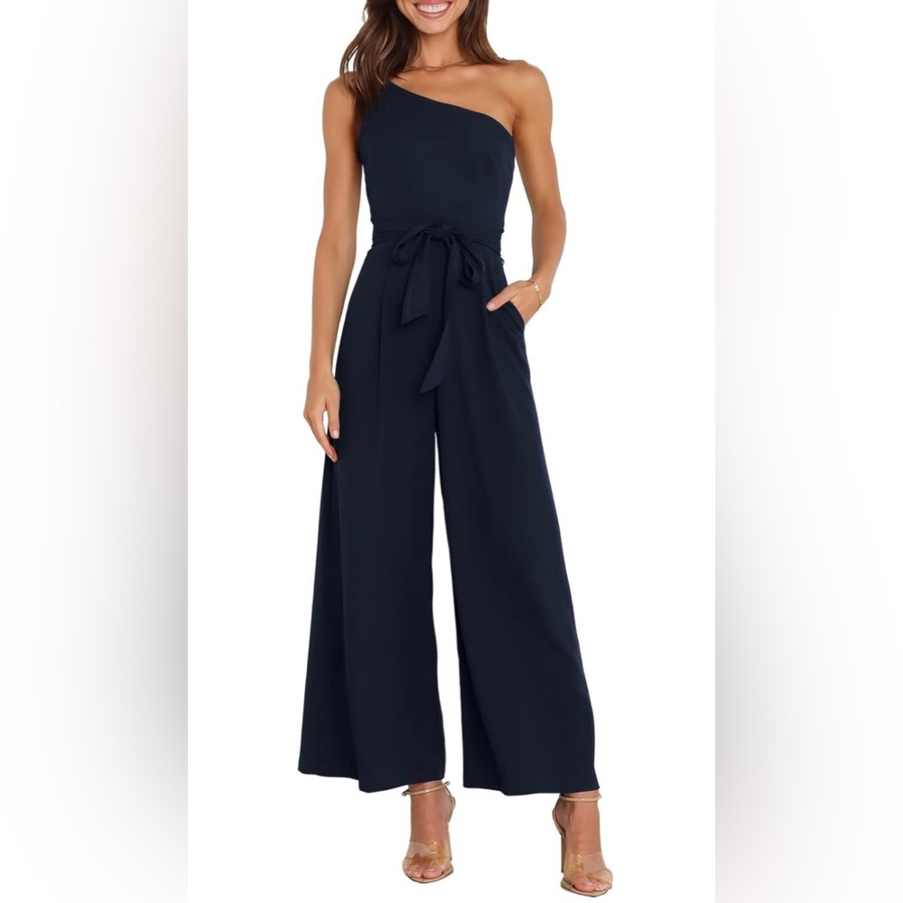 Dressy One Shoulder Sleeveless Tie Waist Wide Leg Jumpsuit